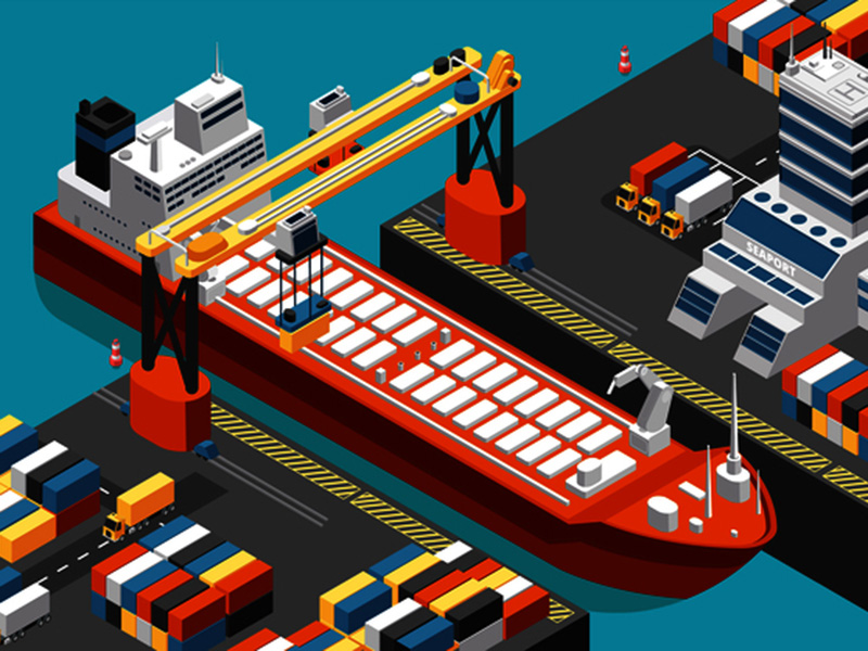 Sea transportation horizontal vector sea freight and shipping banners with isometric seaport, ships, containers and crane. Ship cargo, transport logistic sea, port maritime illustration